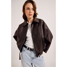 Lacase Sezonluk Kadın Oversize Bomber Ceket Kahverengi Suni Deri ile Şık ve Rahat Günlük Kullanım