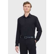 Siyah Düz Regular Fit Casual Pamuk Karışımlı Gömlek