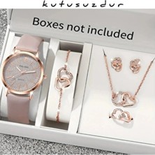 "rose Gold Kalp Tasarım Kadın Saat Bileklik Kolye Küpe Yüzük Takı Seti - Kutusuz"