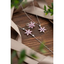 925 Ayar Pembe Taşlı Rodyum Lotus Çiçeği 3'lü Gümüş Set