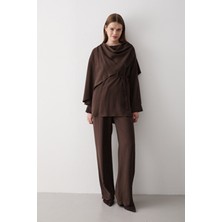 Jaste Kadın Drapeli Kuşaklı Bluz & Bol Paça Beli Lastikli Pantolon Takım KAHVERENGİ