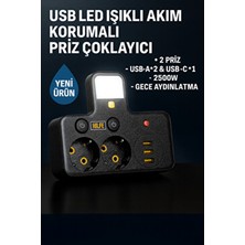 USB LED Işıklı Akım Korumalı Priz Çoklayıcı – 2 Priz + 2xusb-A 1xusb-C – 2500W – Gece Aydınlatma