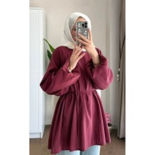 Moonsc Kadın Balon Kol Bel Bağlamalı Standart Beden Bordo Tunik Tesettür Gömlek