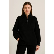 Gökyüzü Moda Kadın Yarım Fermuarlı Triko Kazak – Selanik Örgü, Dik Yaka, Pamuklu Dokuma, Oversize Uzun Kollu Kışlık Model - Siyah