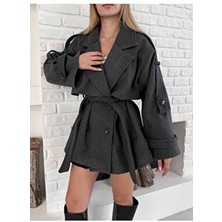 Vess Moda Kadın Antrasit Kaşe Düğme Detaylı Kısa Kaban Kruvaze Yaka Oversize Tasarım