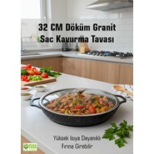 32 cm Döküm Cam Kapaklı Sac Kavurma Tavası Yanmaz Yapışmaz Fırına Girebilir