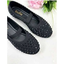 Bufu Siyah Taşlı Kadın Babet Lastikli Poliüretan Tabanlı Günlük Ayakkabı