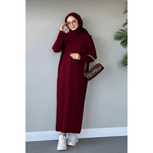 Gülce Moda Fitilli Triko Elbise Koyu Bordo Oversize Klasik Tarz Kadınlar İçin Şık Kışlık