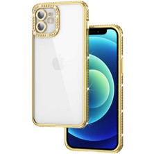iPhone 12 Uyumlu Kamera Korumalı Taşlı N7TH Mina Kapak-Gold