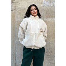Kadın Polar Peluş Mont - Yumuşak Peluş Kumaşlı Fermuarlı Oversize Ceket- Ekru