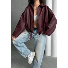 Jaglion Pb Oversize Bomber Kemerli Deri Ceket Bordo Uzun Kol Kadın Günlük Tarz Suni Deri