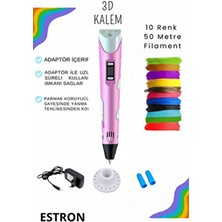Pembe 3D Kalem 3D Pen Yazıcı Kalem | 10 Adet 5 Metre (Toplam 50 Metre) Filament Adaptörlü