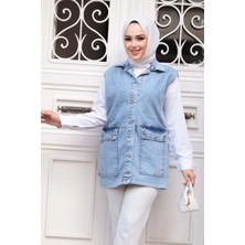 Düğmeli Mavi Tesettür Kot Yelek 20444M