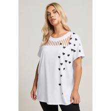 Stil Diva Büyük Beden Kadın Kısa Kollu Bisiklet Yaka Baskılı T-Shirt %100 Pamuk Beyaz Renk