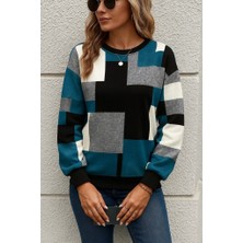 Aisha Elbise Kadın Uzun Kollu Bisiklet Yaka Renkli Blok Baskı Dalgıç Bluz