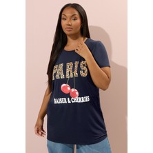 Büyük Beden Kısa Kollu Bisiklet Yaka Baskılı T-Shirt 304174