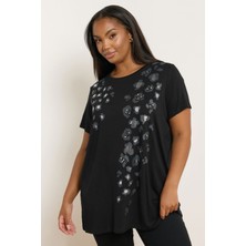 Büyük Beden Kısa Kollu Bisiklet Yaka Baskılı T-Shirt 322959