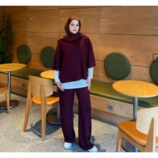 Kadın 3’lü Takım ♦ Scuba Kumaş ♦ Bordo ♦ Yüksek Bel Cepli Geniş Paça Pantolon ♦ Günlük Şık Kombin