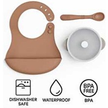 CKM Silikon Bej Renkli Silikon Bebek Mama Seti 3lü Ergonomik Tasarımlı Vakumlu Sızdırmaz Kase ve Kaşık