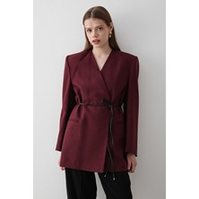Jaste Kadın Kruvaze Kemer Detaylı Oversize Blazer Ceket BORDO