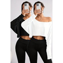 Beyaz - Siyah 2li Kadın Düşük Omuz Kayık Yaka Oversize Uzun Kollu Crop T-Shirt