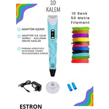 Estron Mavi 3D Kalem 3D Pen Yazıcı Kalem 10 Parça 5 Metre Filament Adaptörlü Eğlenceli Tasarım