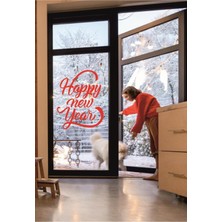 Happy New Year Temalı Vitrin Cam Sticker Dekorasyon 50 x 70 Kırmızı