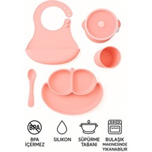CKM Silikon 5li Pembe Silikon Bebek Beslenme Seti (Bölmeli Mama Tabağı, Sızdırmaz Kase, Kaşık, Bardak, Önlük)
