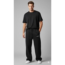 Lenıthra Unisex Üç Iplik Şardonlu Kalın Kışlık Baggy Nakış Detaylı Siyah Eşofman Altı