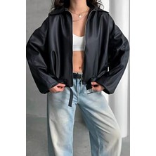 Jaglion Pb Oversize Bomber Kemerli Deri Ceket Siyah Uzun Kol Günlük Stil L Beden Suni Deri