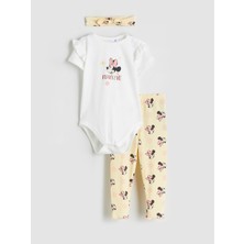 Lc Waikiki Yeni Sezon Minnie Mouse Baskılı Kız Bebek Body Tayt ve Saç Bandı 3'lü Takım