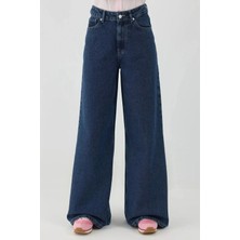 Hiccup Kadın Yüksek Bel Geniş Bacaklı Kot Pantolon Koyu Mavi Denim