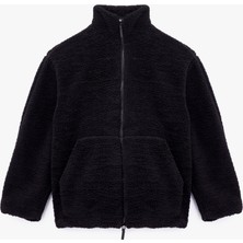 Uzun Kollu Cepli Fermuarlı Dik Yaka Oversize Peluş Mont