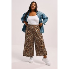 Büyük Beden Beli Lastikli Bol Paça Leopar Desenli Cepli Pantolon 304271