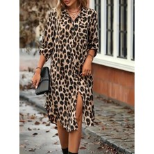La Mode Istanbul Kadın Uzun Kollu Yakalı Önden Düğmeli Leopar Desenli Modal Midi Elbise