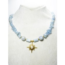 Akuamarin Taşı Tasarım Kolye | Kuzey Yıldızı Detaylı Kolye | Gerçek Altın Kaplama Detaylı