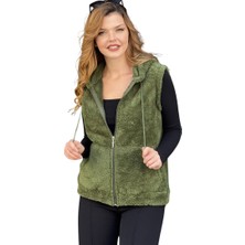 Etkimod Kadın Haki Yeşil Kapşonlu Kolsuz Peluş Yelek