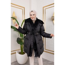 Harma Time Butik Kadın Kürk Detaylı Kemerli Siyah Şişme Mont