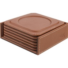 Bardak Altlığı,6’lı Set,masaüstü Yuvarlak Cup Coaster,vegan Suni DERI,11X11 Cm.,taba