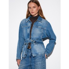 65379 %100 Pamuk Kemerli Kot Ceket-Mavi