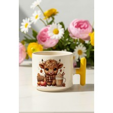 Sonabahar Teması Sevimli Inek Baskılı Sarı Renkli T Kulplu Latte Fincanı Kupa