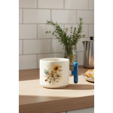 Ayçiçekleri Sonbahar Teması No:2 Baskılı Mavi Renkli T Kulplu Latte Fincanı Kupa