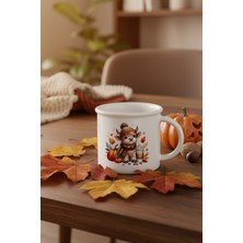 Sonbahar Teması Fall Vibes Highland Cow Baskılı Enamel Görünümlü Seramik Vintage Kupa Bardak