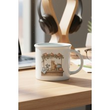 Sonbahar Temalı Sevimli Kedi No:8 Baskılı Enamel Görünümlü Seramik Vintage Kupa Bardak