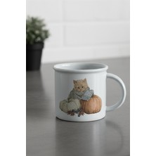 Sonbahar Temalı Sevimli Kedi No:11 Baskılı Enamel Görünümlü Seramik Vintage Kupa Bardak