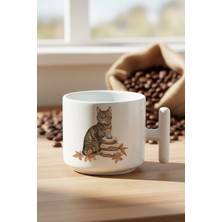 Sonbahar Temalı Sevimli Kedi No:7 Baskılı Hediyelik T Kulplu Latte Fincanı Kupa Bardak