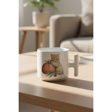 Sonbahar Temalı Sevimli Kedi No:9 Baskılı Hediyelik T Kulplu Latte Fincanı Kupa Bardak