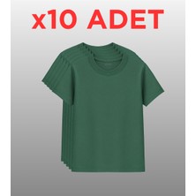 10’lu Regular Fit Basic Tişört Seti - %100 Pamuk - Yeşil, Siyah, Beyaz, Kiremit
