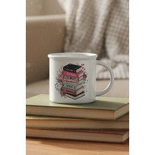 Renkli Kitaplar Baskılı Enamel Görünümlü Seramik Vintage Kupa Bardak