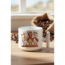 Sonbahar Temalı Sevimli Ördekler Baskılı Hediyelik T Kulplu Latte Fincanı Kupa Bardak